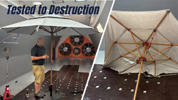 Patio umbrella before and aftermath at 42 MPH wind tunnel test