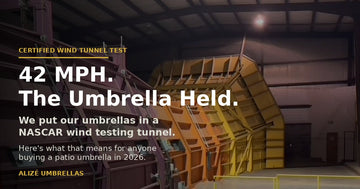 Alizé patio umbrella wind tunnel test inside NASCAR certified wind testing facility at 42 MPH