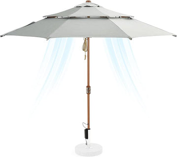 Alizé Antigua 10ft market umbrella with built-in fans showing cooling airflow visualization on wood grain pole