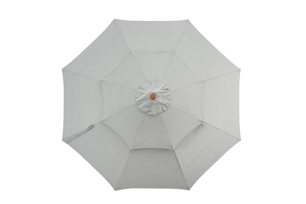 Alizé Antigua 10ft market umbrella canopy top view showing eight reinforced ribs in light grey with wood grain finial