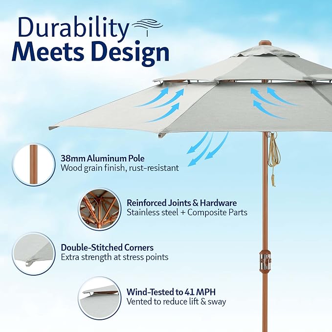 Alizé Antigua 10ft market umbrella durability features showing 38mm aluminum pole reinforced joints double stitched corners and wind tested to 41 MPH
