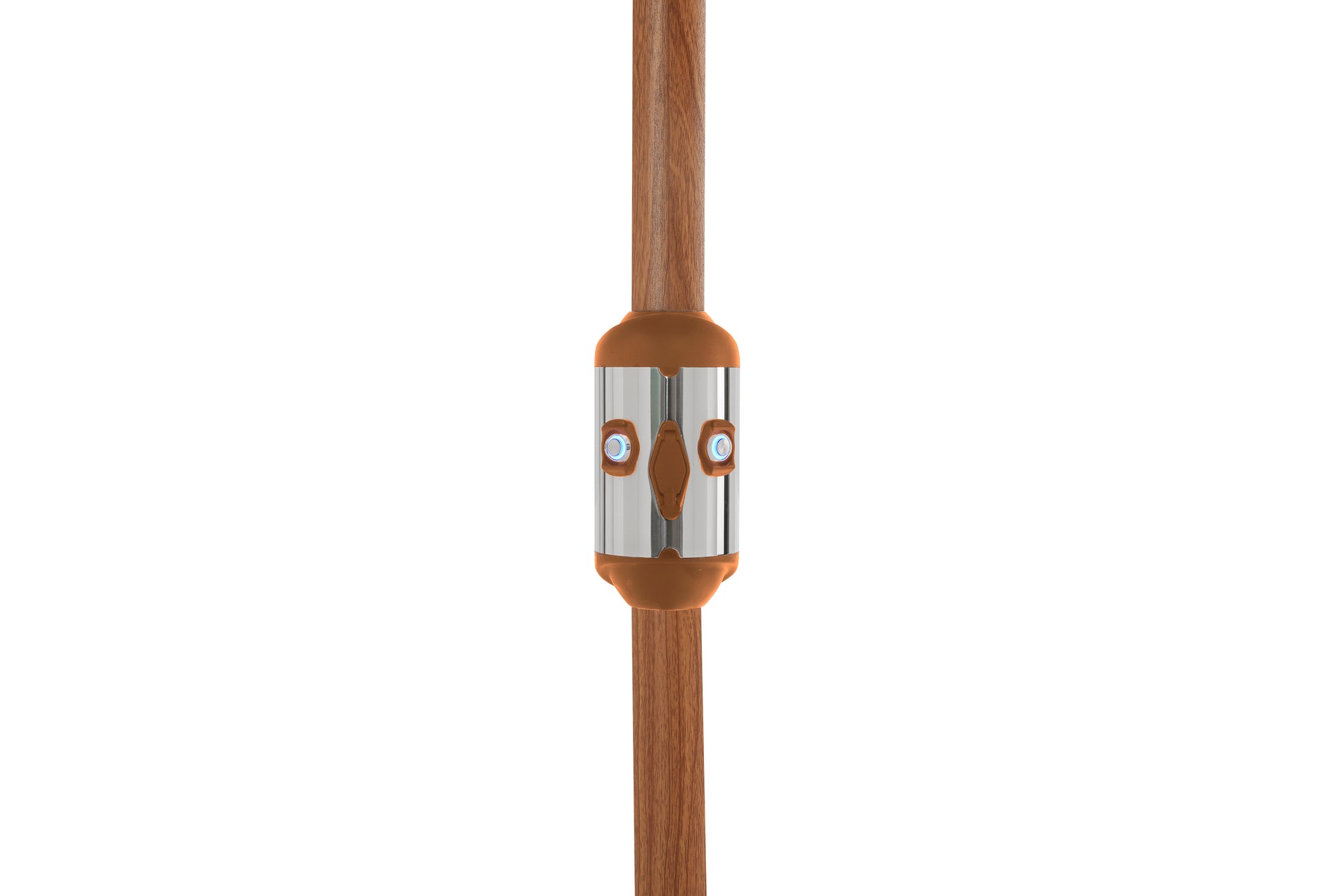 Alizé Antigua 10ft market umbrella wood grain pole showing illuminated fan speed controls and USB charging ports