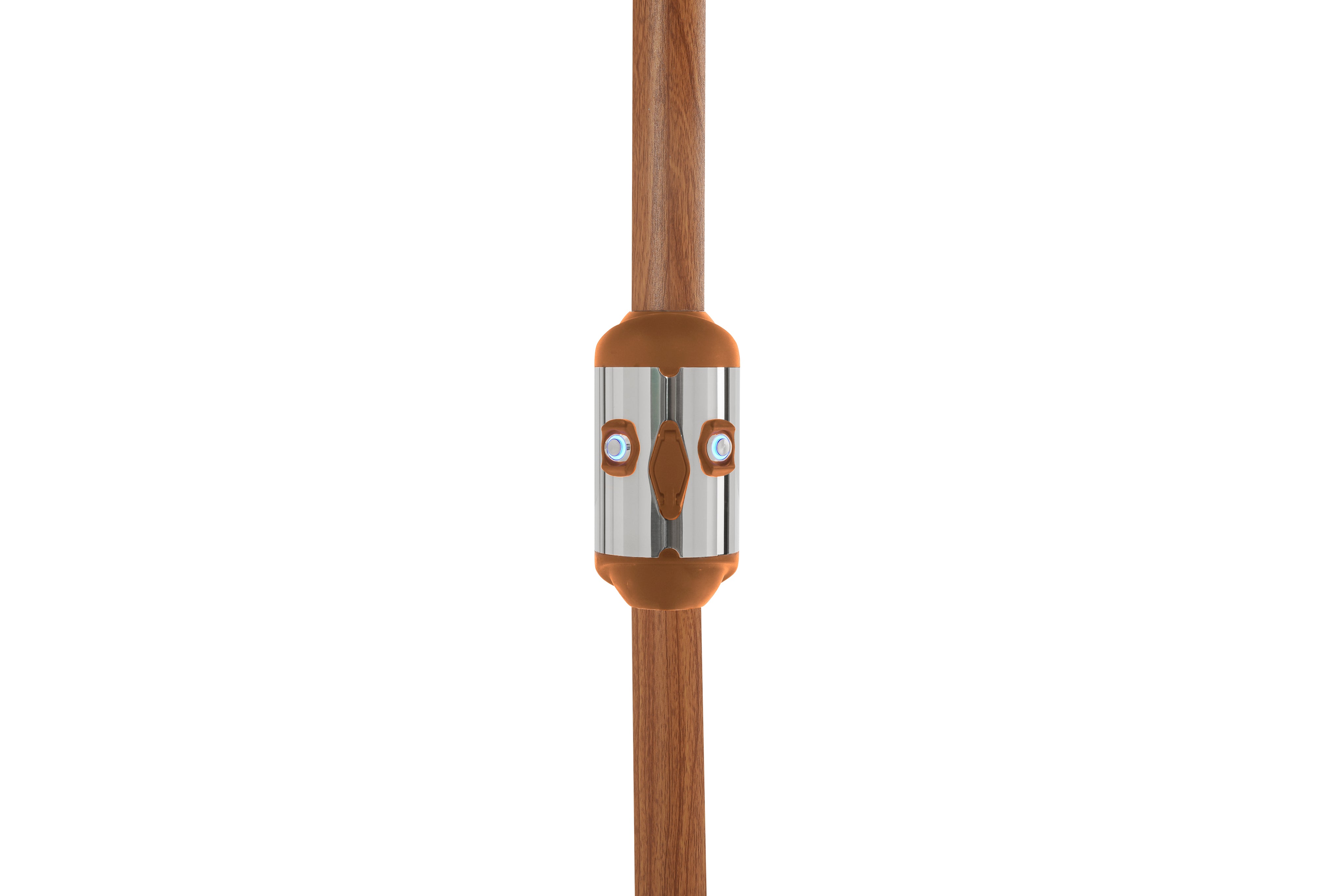 Alizé Antigua 10ft market umbrella wood grain pole showing illuminated fan speed controls and USB charging ports