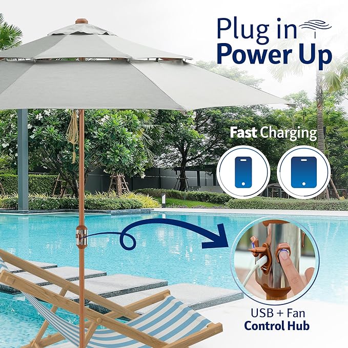 Alizé Antigua 10ft market umbrella USB-A USB-C fast charging and fan control hub infographic poolside