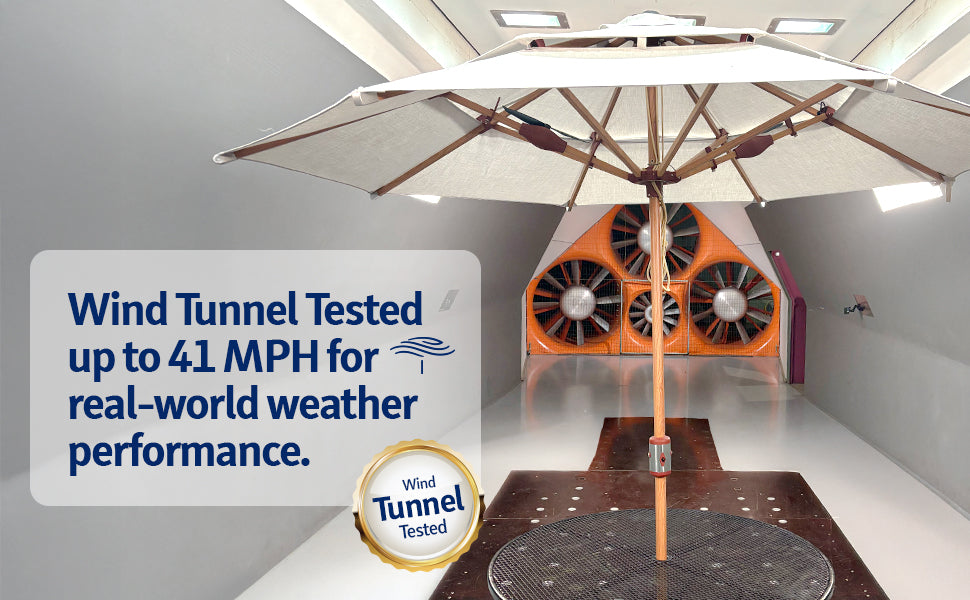 Alizé Antigua 10ft market umbrella wind tunnel tested to 41 MPH for real world weather performance