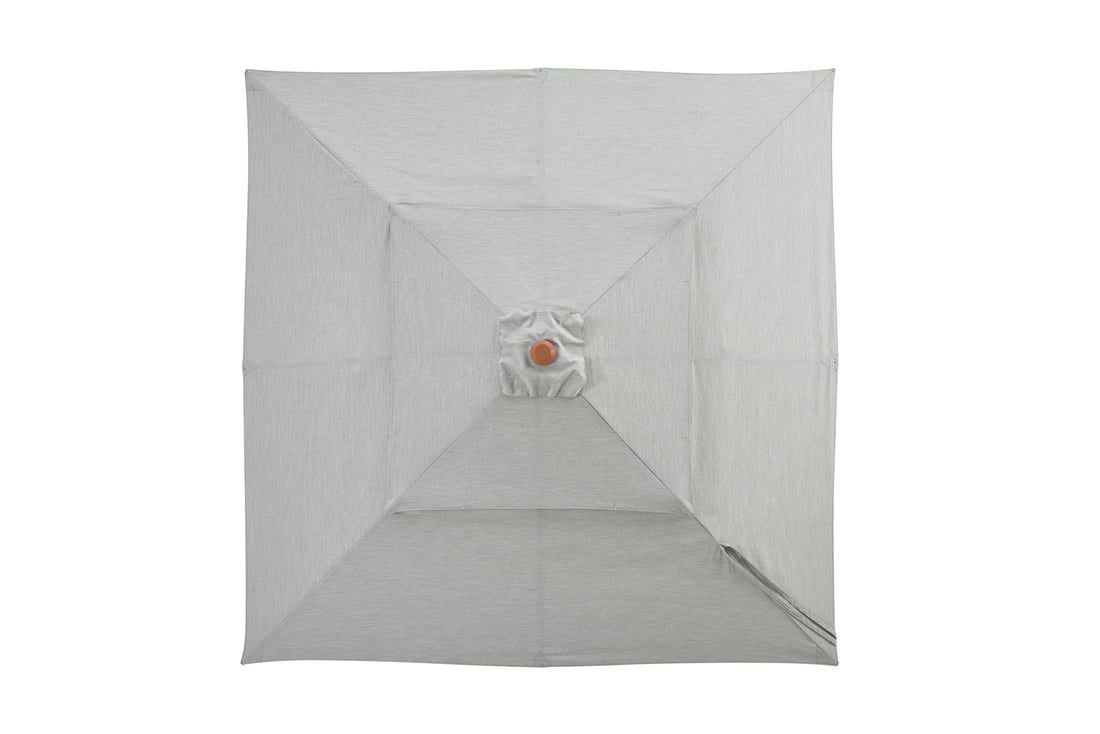 Alizé Barbados 7.5ft square market umbrella with built-in fans and wood grain pole on standard base white background