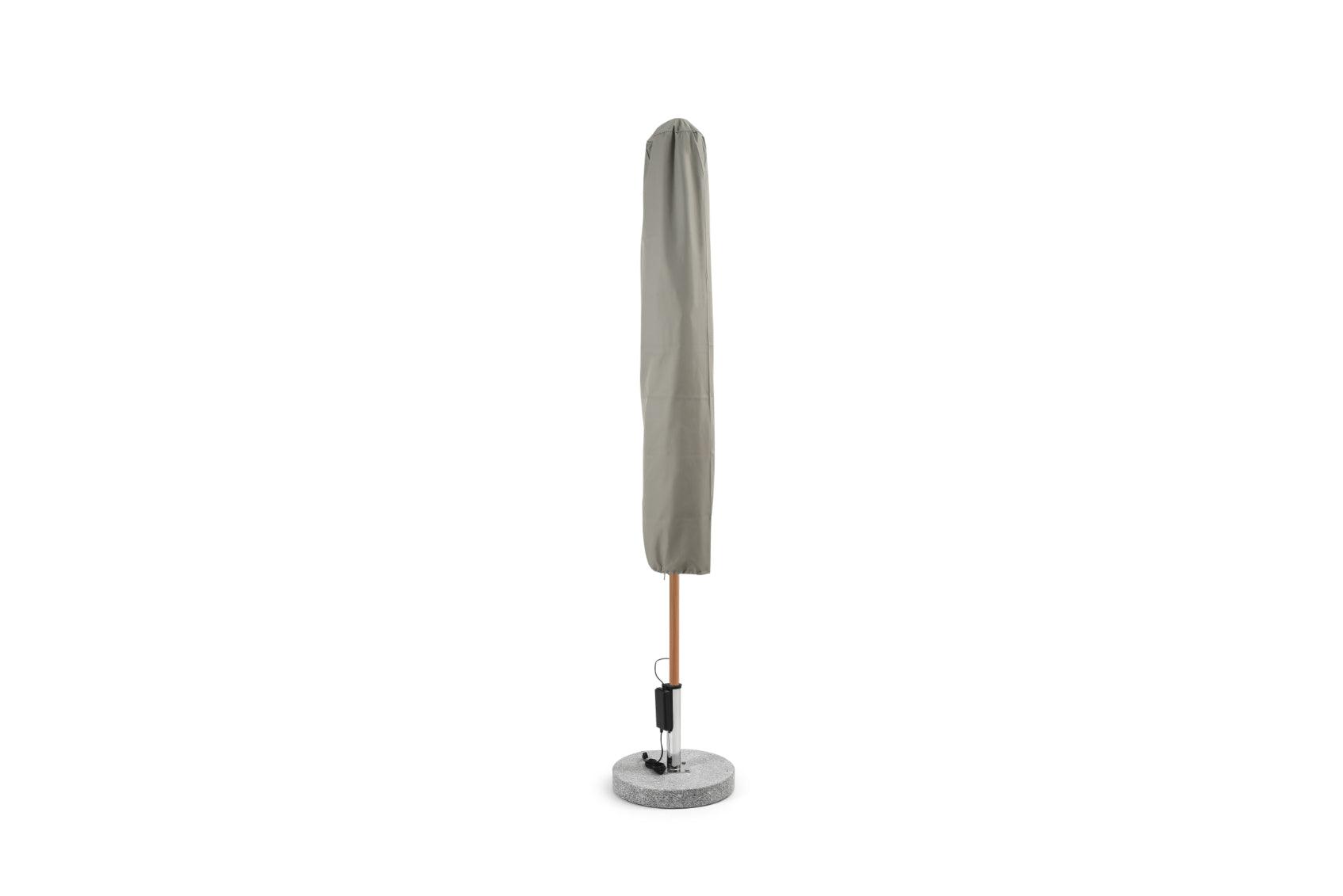 Alizé Barbados 7.5ft square market umbrella with gray protective storage cover on wood grain pole and standard base