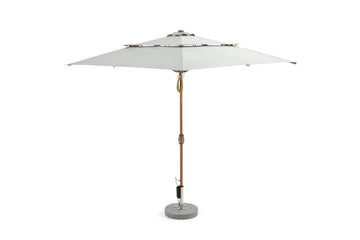 Alizé Barbados 7.5ft square market umbrella with built-in fans and wood grain pole on standard base white background