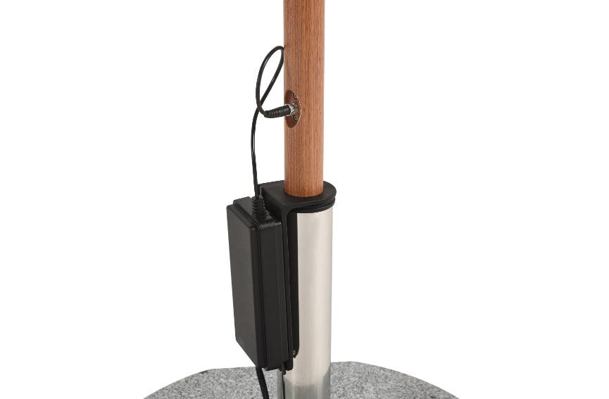 Alizé Barbados 7.5ft square market umbrella waterproof AC to DC power supply attached to wood grain pole base