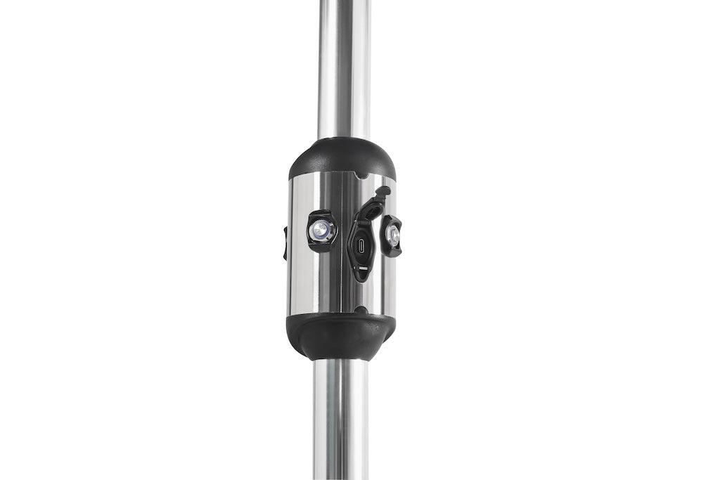 Alizé St. Martin 9ft market umbrella pole showing dual fan speed controls and USB-A USB-C charging ports