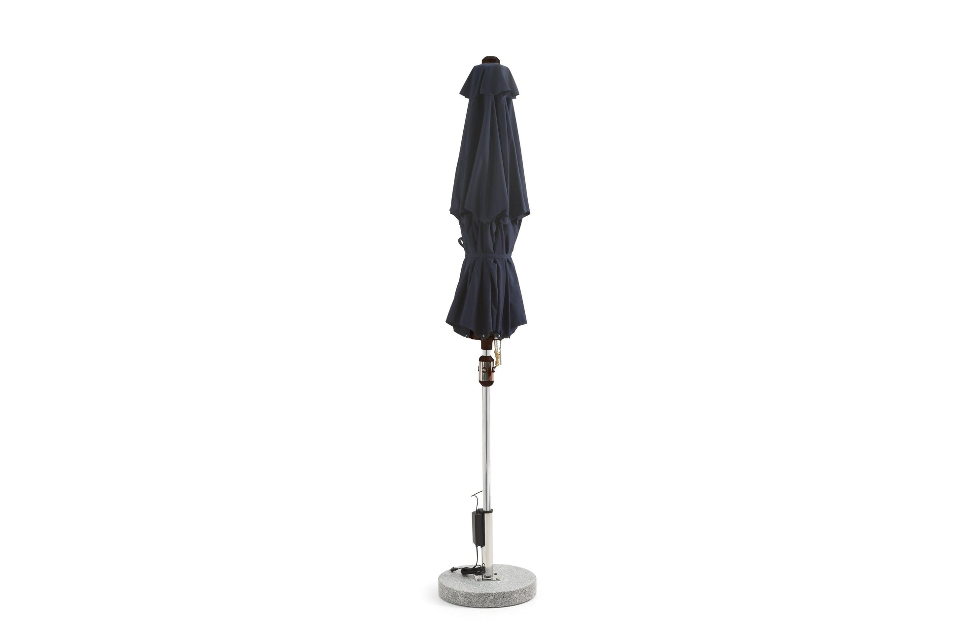 Alizé St. Martin 9ft navy market umbrella closed showing compact folded profile on chrome pole and standard base