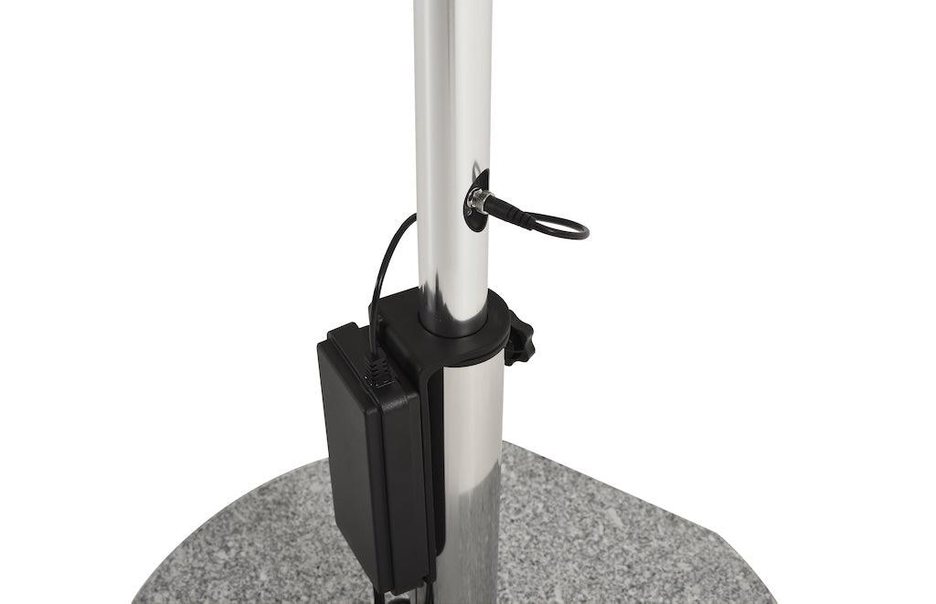 Alizé St. Martin 9ft market umbrella waterproof AC to DC power supply attached to chrome pole base with standard umbrella base